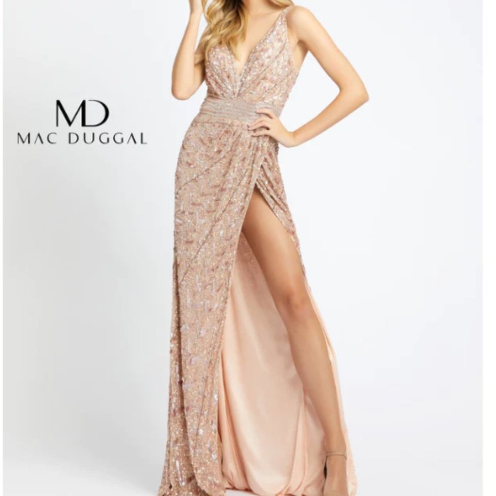 MAC DUGGAL 4995 SEQUIN CHEVRON FAUX WRAP PINK ROSE GOLD GOWN sz 6